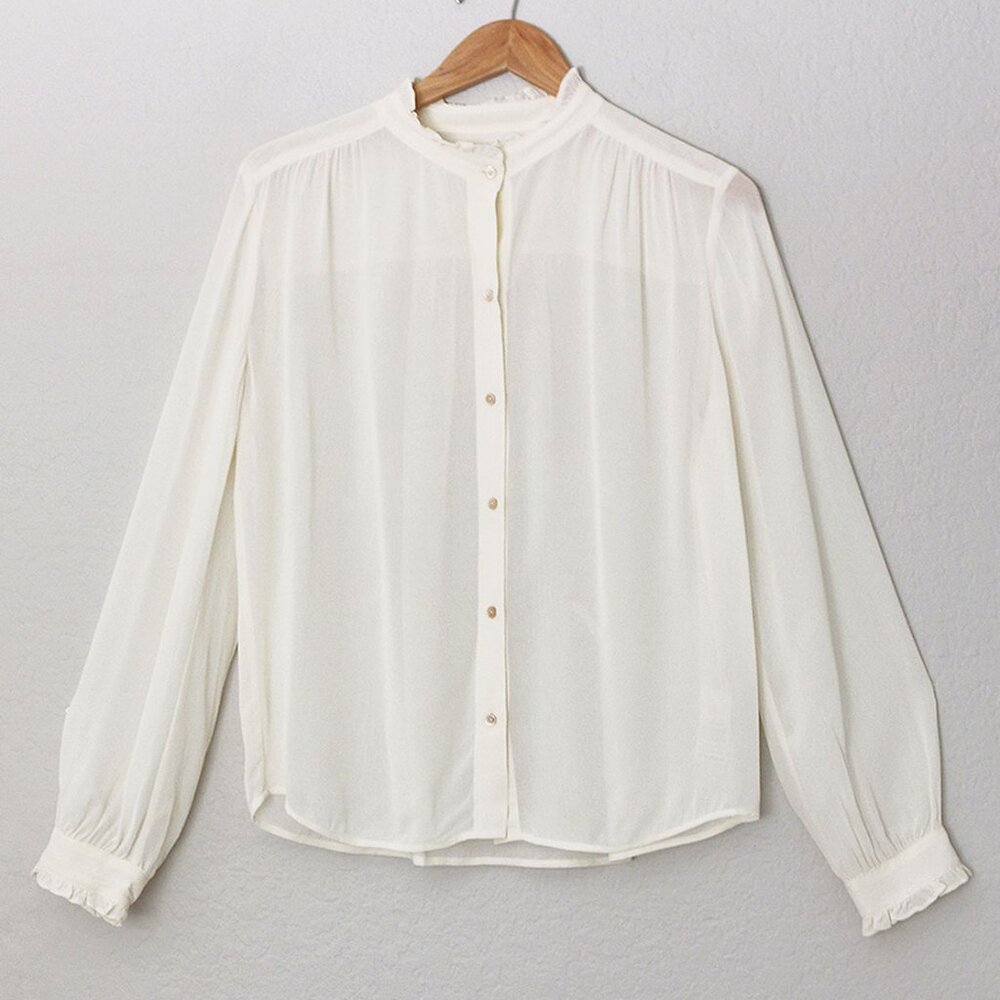 Aritzia Wilfred Ruffle High Neck Button Front Blouse Shirt S Cream Semi Sheer